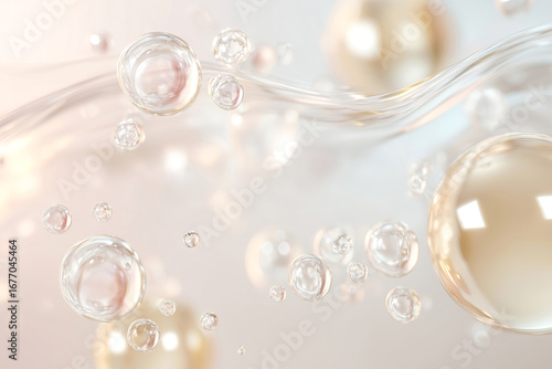 Fototapeta Naklejka Na Ścianę i Meble -  Luxury Skincare Essence Bubbles in Transparent Gold Glass – Anti-Aging Cosmetic Concept