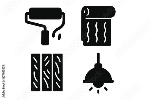 Home improvement vector glyph icons. Room renovation and remodeling concept. Solid black silhouette symbol set of paint roller, wallpaper, laminate flooring, and light fixture.