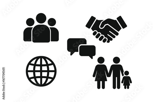Society and community solid icon set. People group, teamwork, family, and global communication pictogram collection. Handshake for agreement, chat bubble, and world icons.