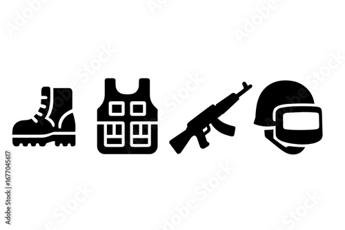 Soldier gear solid icon set. Military equipment vector glyphs. Combat boot, tactical vest, body armor, assault rifle, helmet. Army, war, battle, protection concept. Special forces armament.