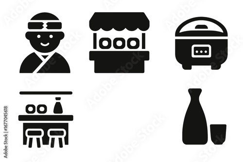 Sushi restaurant solid icon set. Vector glyph collection of Japanese food elements. Includes sushi chef, food stall, counter, bar, rice cooker, and sake bottle symbols.