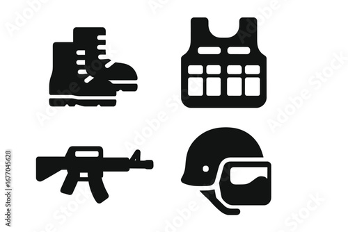 Military gear icon set. Soldier equipment solid glyph icons. Army combat accessories. Tactical vest, combat boots, assault rifle, helmet. War and special forces vector design.
