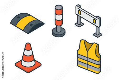 Isometric street safety icon set. Vector icons of speed bump, bollard, guardrail, traffic cone, and reflective vest. Road work and traffic control elements isolated.