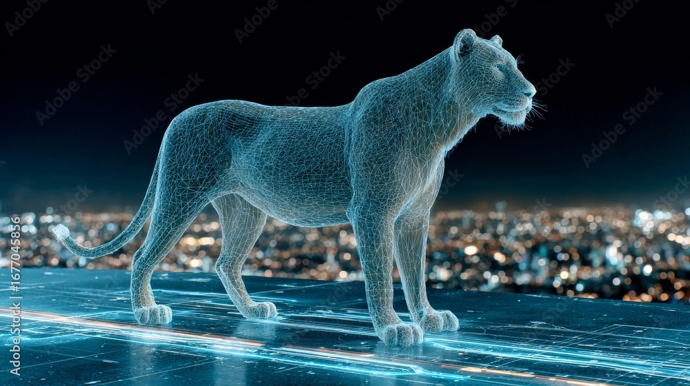 Fototapeta premium A modern, cyberpunk-inspired city is the backdrop for a majestic lion, its form created from vibrant neon lines in a wireframe style, as it stalks through the scene, embodying a potent mix of myth
