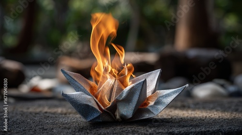 A paper origami flower, imbued with a gentle flame, rests on a dark stone surface, evoking a sense of remembrance and quiet contemplation.