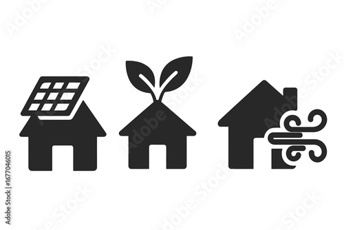 Sustainable architecture icon set. Eco friendly house with solar panels, green roof, and wind energy. Renewable resources concept for green building. Vector ecology symbols.