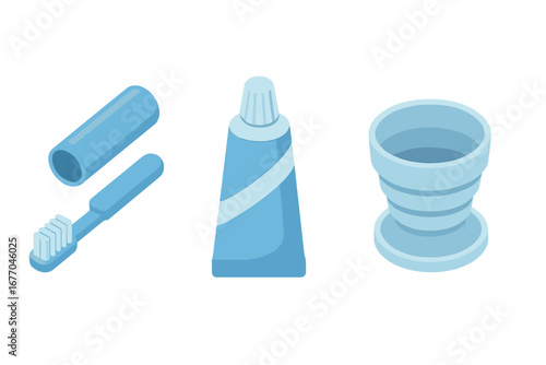Travel bathroom kit icons. Isometric vector set of dental hygiene essentials. Portable toothbrush with case, mini toothpaste tube, and collapsible cup for personal care.