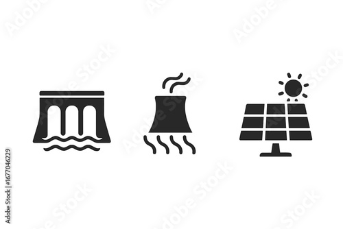 Renewable energy vector icon set. Sustainable power sources concept. Solid glyph pictograms of hydroelectric dam, geothermal plant, and solar panel. Green technology symbols.