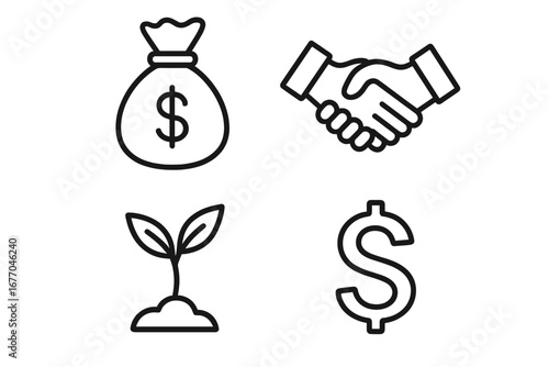 Venture capital icons set. Outline symbols of funding, money bag, investor handshake, seed funding plant, and dollar sign. Business startup, investment, and growth concept.