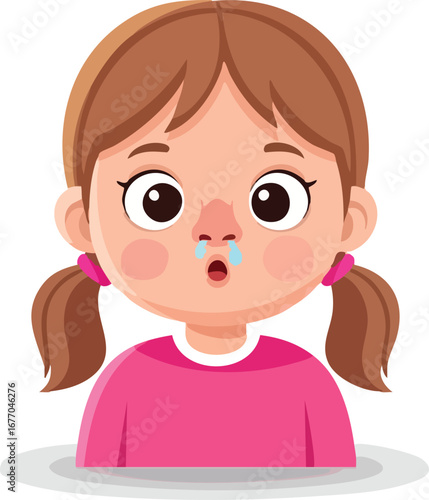 Cartoon girl with runny nose and cold symptoms child kid  allergy  sniffle  young  infection