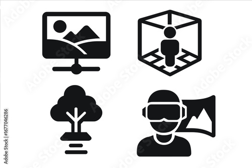 Virtual environment icons. Solid glyph icon set of virtual reality, digital landscape, 3D space, metaverse, and hologram. AR VR technology. Future world simulation.