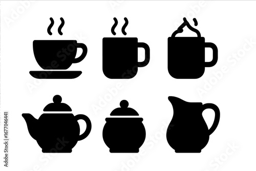 Warm beverage icon set. Solid glyph vector icons of coffee and tea. Includes teacup, mug, hot chocolate, teapot, sugar bowl, and milk jug. For cafe menu or breakfast design.