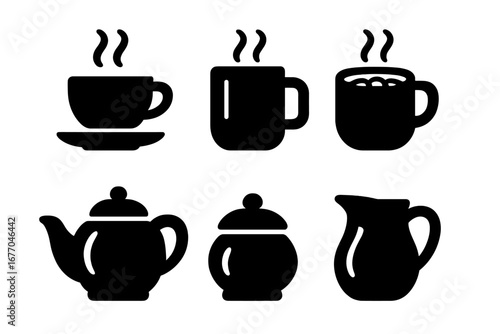Warm beverage icon set. Coffee cup, tea mug, and hot chocolate solid icons. Vector silhouette of teapot, sugar bowl, and milk jug for cafe menu or breakfast design.