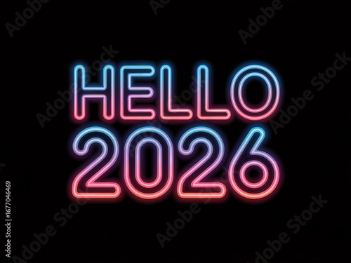 Neon "Hello 2026" glows against black. This vibrant text serves as a graphic element for invitations, posters, or digital media.