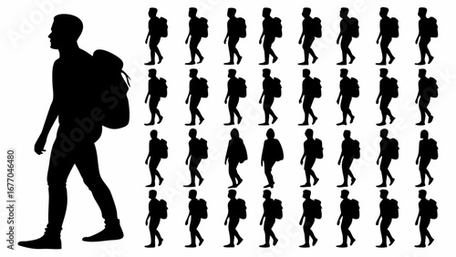 Silhouette of hiker with backpack ready for adventure, travel and exploration journey