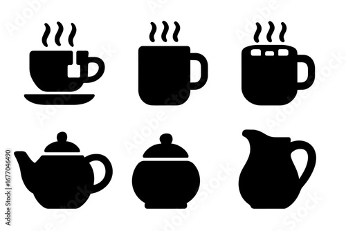 Warm beverage solid filled icon set. Tea cup with teabag, coffee mug, hot chocolate. Vector icons of a teapot, sugar bowl, milk jug. Drink symbols for cafe menu. Breakfast.