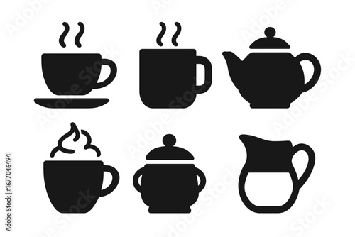 Warm beverage solid glyph icon set. Tea cup, coffee mug, hot chocolate, teapot, sugar bowl, and milk jug vector icons. Cafe menu or breakfast symbols. Hot drink silhouettes.