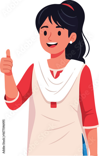 Cheerful indian woman in traditional dress giving thumbs up girl lady female person character
