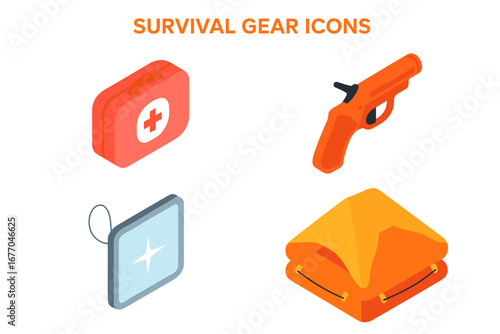 Survival gear icons set. Isometric vector illustration of emergency equipment. First-aid kit, flare gun, signal mirror, life raft. Safety, rescue, and survival concept.