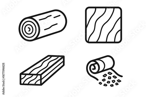 Wood products icon set. Timber and lumber industry line art. Vector icons of log, wooden plank, veneer roll, and wood chips. Forestry, carpentry, and sawmill materials.
