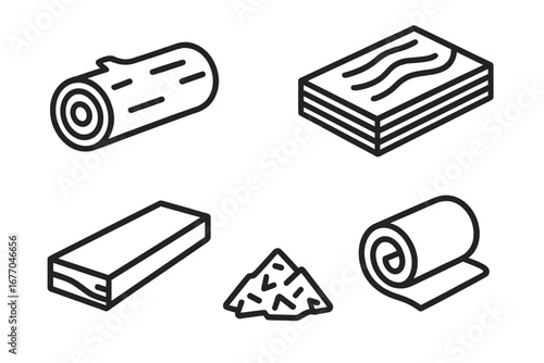 Wood products outline icon set. Timber and forestry industry symbols. Includes log, plywood sheet, lumber plank, veneer roll, and wood chip pile. Vector illustration.