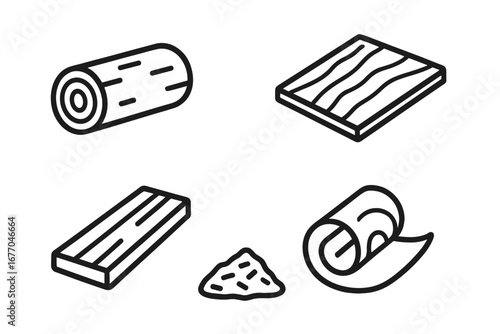 Wood products outline icon set. Timber and lumber industry vector icons. Log, plywood sheet, lumber plank, veneer roll, wood chip pile. Forestry and carpentry materials.