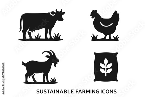 Sustainable farming icon set. Livestock and agriculture symbols. Free-range chicken, pasture cow, goat, and feed sack. Organic, eco-friendly food production concept vector.