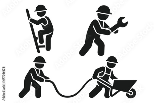 Worker icon set. Construction builder and handyman symbols. Man climbing ladder, using wrench, pulling cable, pushing wheelbarrow. Hard hat safety pictogram silhouette collection.