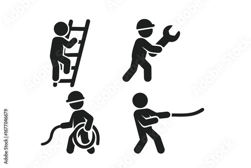 Worker icon set. Solid filled pictograms of industrial work and actions. Man climbing ladder, repairman with wrench, handyman pulling rope, builder coiling cable. Vector.