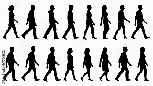 Diverse group walking, illustrating pedestrian traffic, business commute, or city life with scalable vector origins