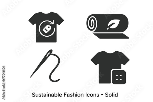 Sustainable fashion solid icon set. Secondhand, repair, and eco-friendly fabric icons. Slow fashion, circular economy, and conscious consumerism vector symbols. Glyphs.