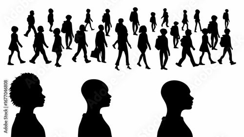 Diverse crowd of people walking, side view profiles, vector art for multicultural community projects and designs