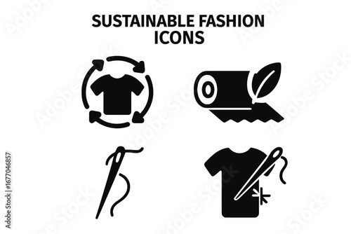 Sustainable fashion solid icon set. Eco fabric, secondhand clothing, recycling symbol, repair needle. Conscious, ethical, and circular economy vector glyphs for slow fashion.