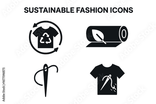Sustainable fashion solid icon set. Slow, circular fashion concept. Eco friendly fabric, secondhand clothing recycle, repair and reuse symbols. Conscious consumption vector icons.