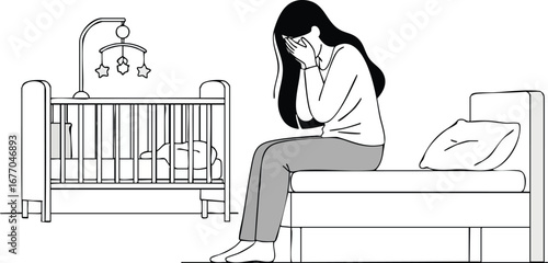 Depressed young mother suffering from postpartum depression sitting by baby crib woman mom female