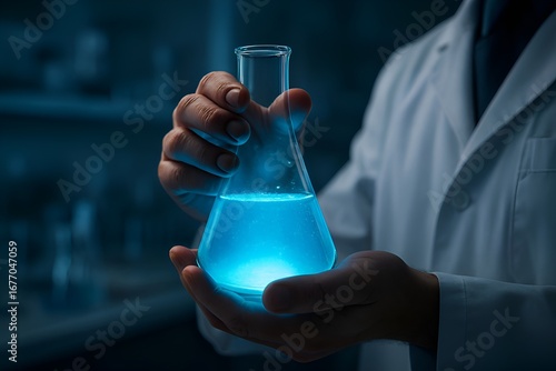 Scientist holding glass beaker with glowing blue liquid in laboratory, ultra realistic cinematic science photography with detailed hands and lighting