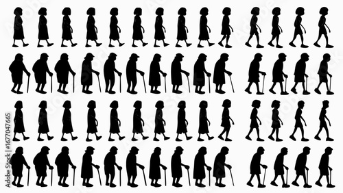 Diverse generations walking forward silhouettes, reflecting community, time passing, and life's journey