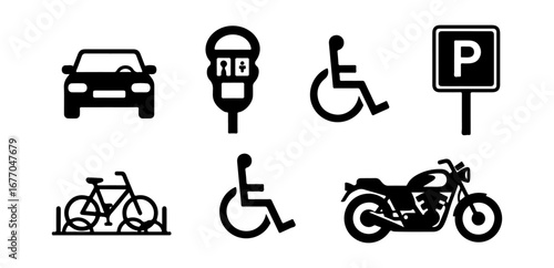 Set of black and white vector icons for transportation, parking, and accessibility symbols