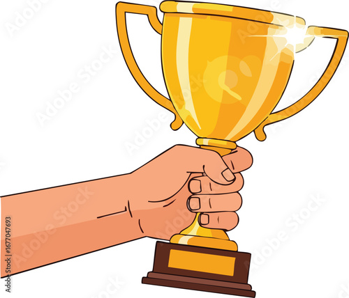 Hand holding a golden trophy gold award winner champion trophy  success trophy  award  illustration  gold