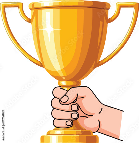 Hand holding a golden winners trophy cup isolated on white background award prize gold