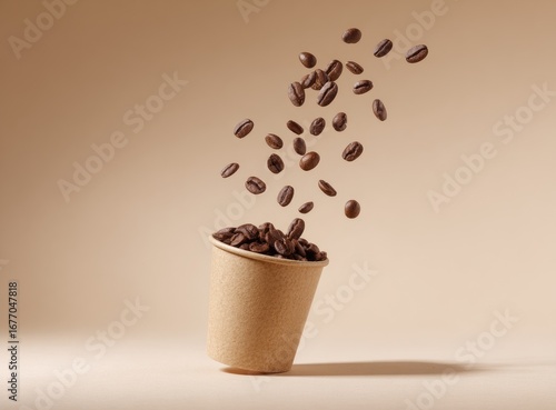 Coffee beans spill from a paper cup