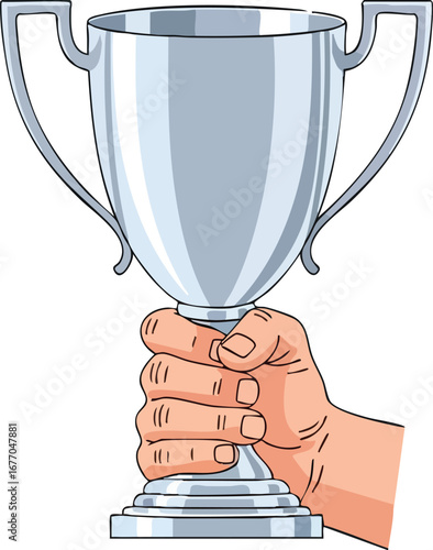 Hand holding a silver trophy cup for second place victory award  second  vector  white