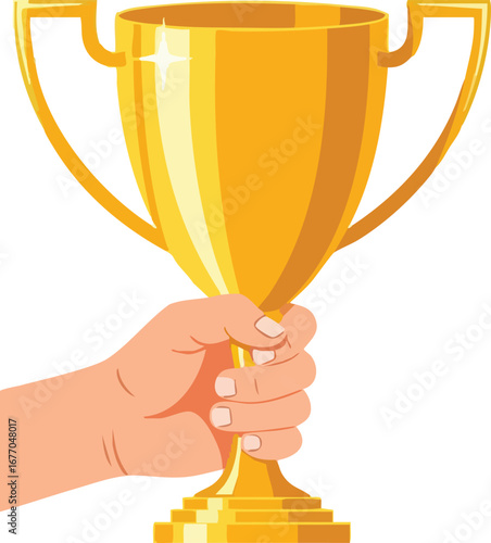 Hand holding gold trophy award winner 1 success  winner cup  champion trophy  gold cup trophy  success  achievement