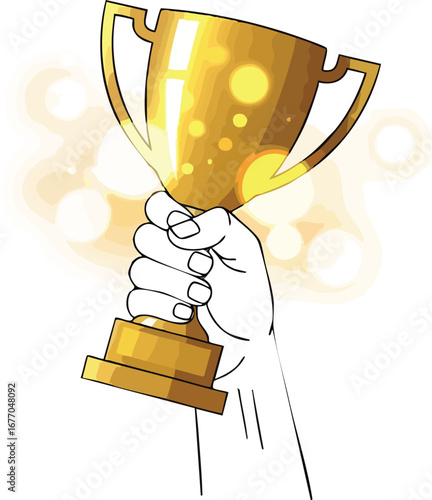 Hand holding golden trophy achievement concept award success winner champion  bright  celebrate  first  accomplishment