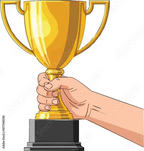 Hand holding golden trophy award gold cup prize  prize  design  drawing  place  game  excellence