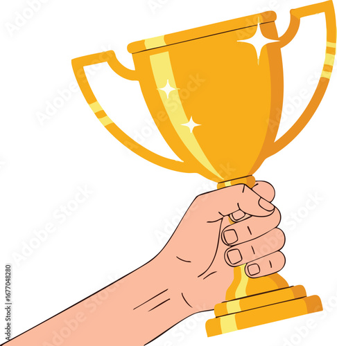 Hand holding golden trophy cup for victory and success award achievement winner 1 champion
