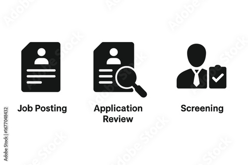 Talent acquisition icon set. Solid glyph icons for recruitment process. Job posting, application review, CV search, candidate screening. Human resources, hiring concept vector.