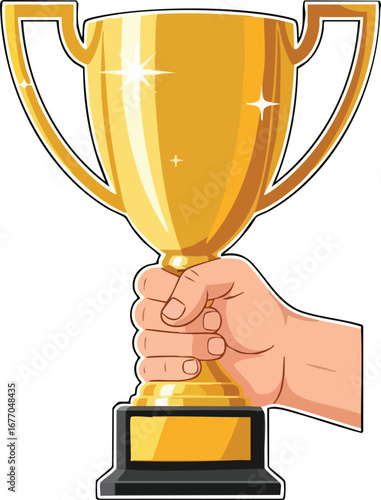 Hand holding golden trophy cup illustration award win winner 5 success  champion  victory  level