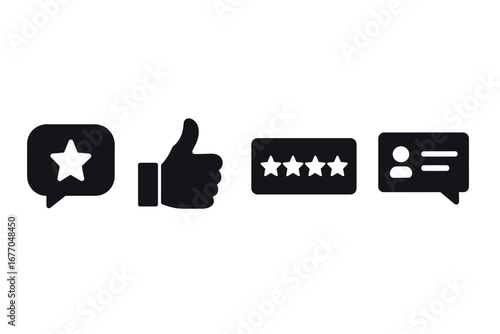 Feedback and review solid glyph icon set. Customer satisfaction, star rating, thumbs up like, comment speech bubble. User experience and survey vector graphic elements.