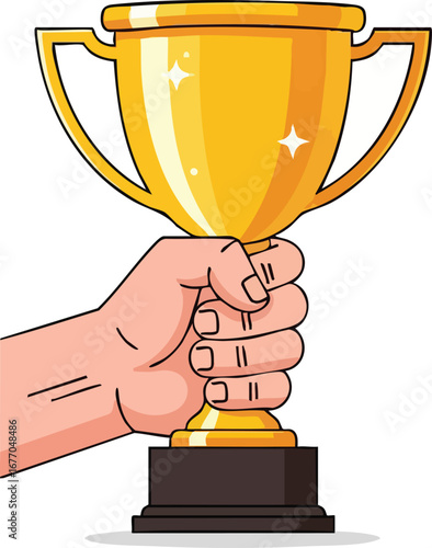 Hand holding golden trophy cup illustration gold 6  goal  leadership  isolated  sparkle  competition  champion